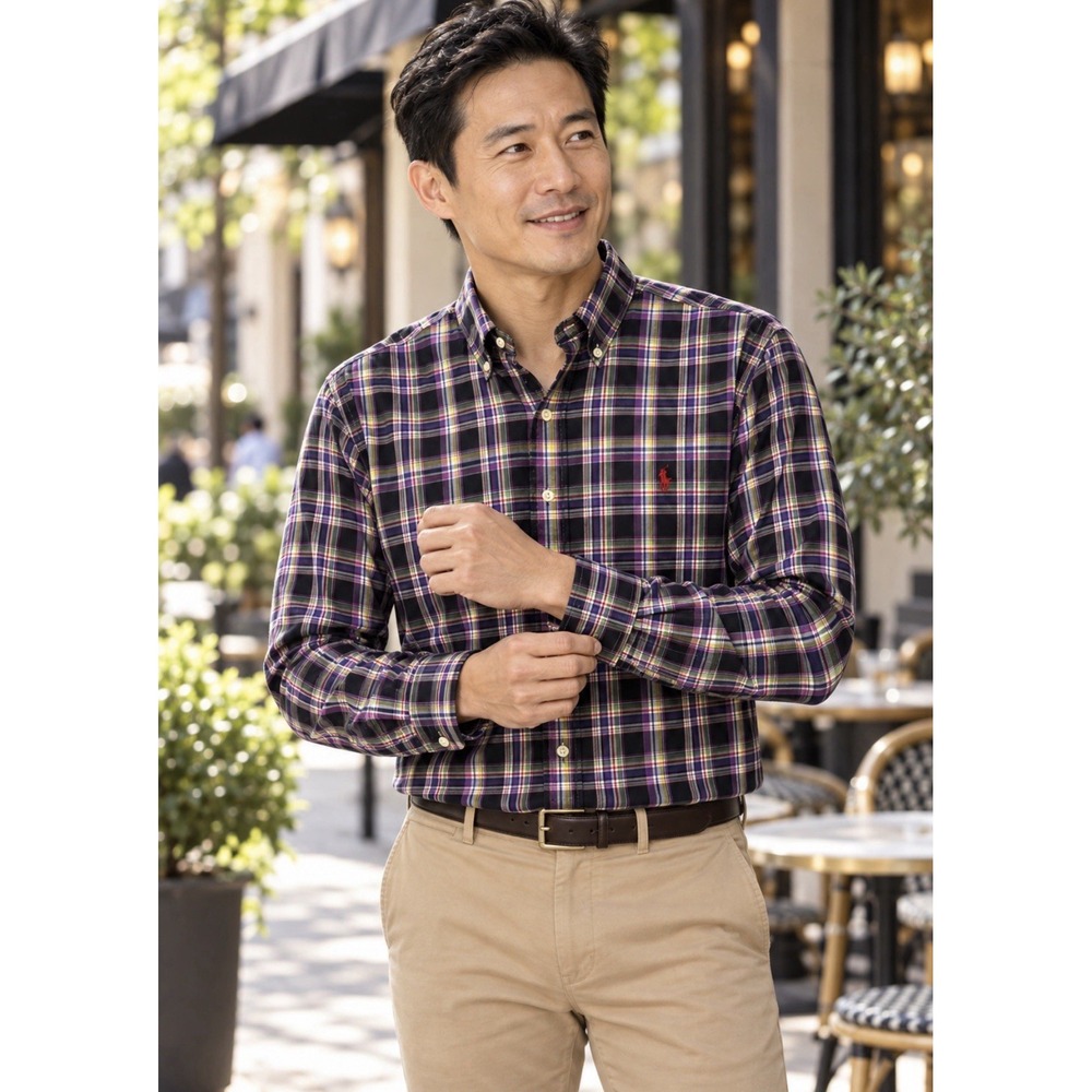 Ralph Lauren Men's Purple Plaid Classic Fit Button Down Shirt Size Large